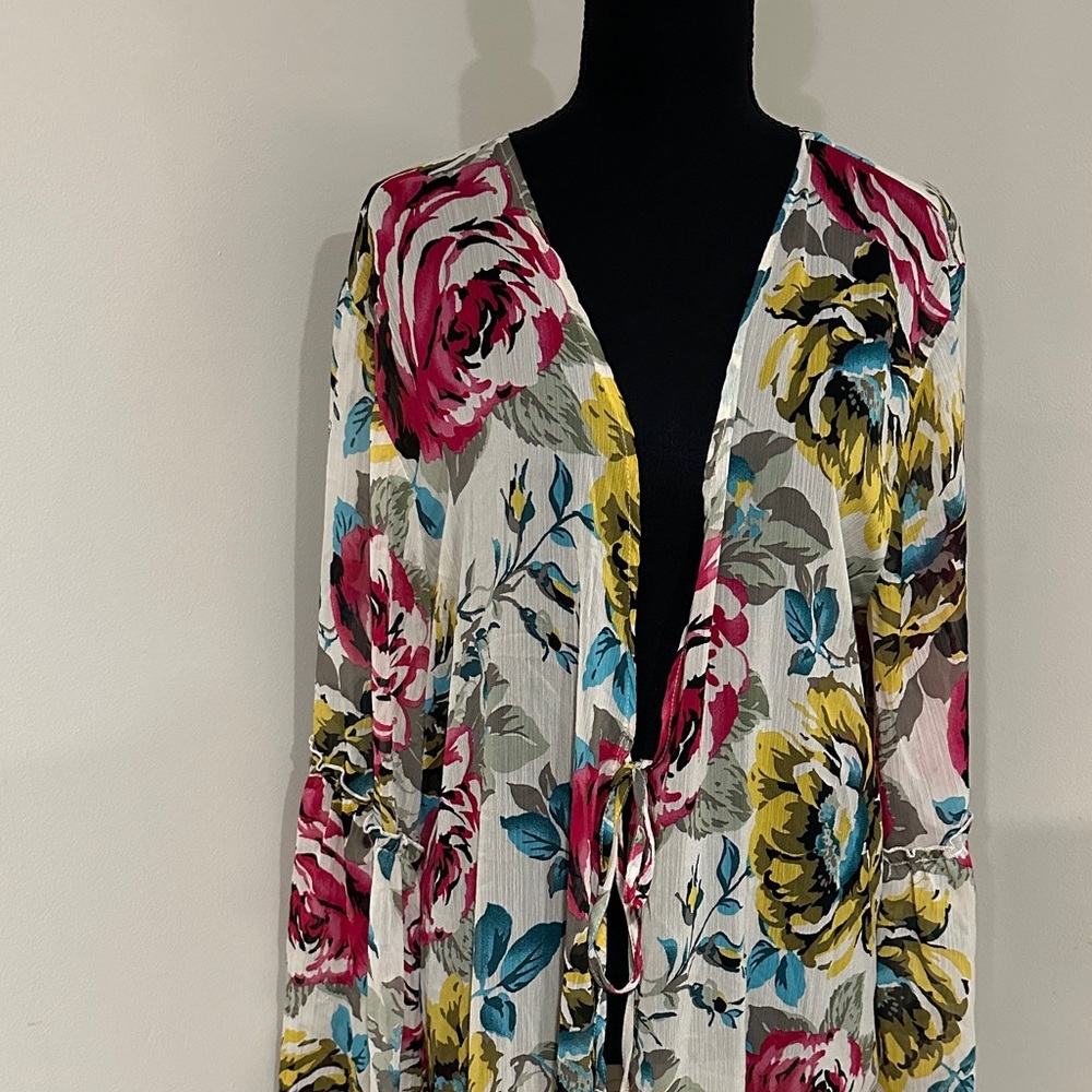 *BAND OF GYPSIES* Multicolor Floral Tie-Front Sheer Duster Robe Size XL - Picture 3 of 9